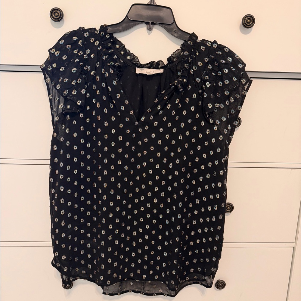 LOFT Black Floral Ruffle Sleeve Blouse